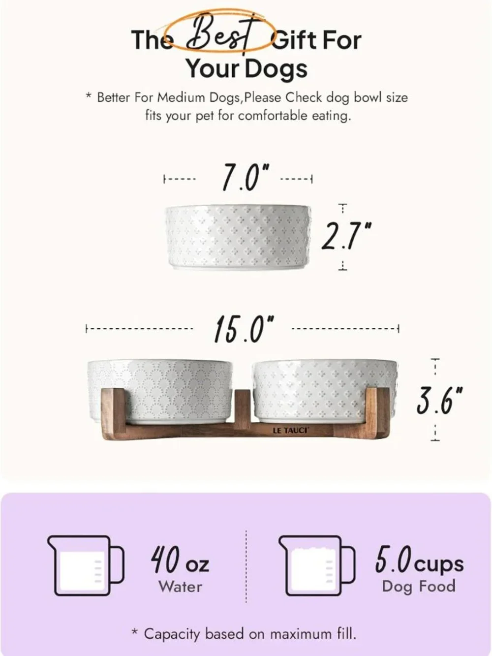 Elevated Ceramic Dog Bowls with Acacia Wood Stand - 7